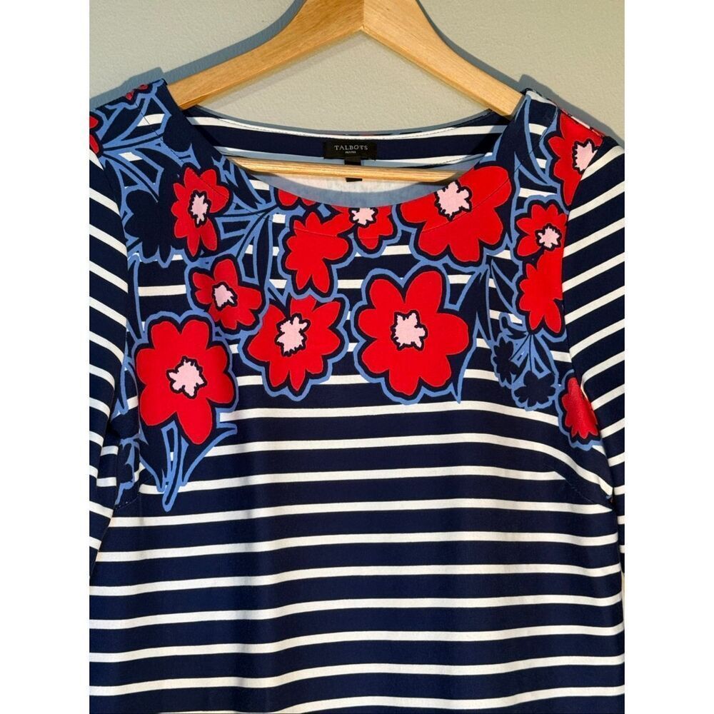 Talbots Size L Petite Blue & White Stripe Shift Dress Red Floral Neck 3/4 Sleeve - Picture 8 of 12